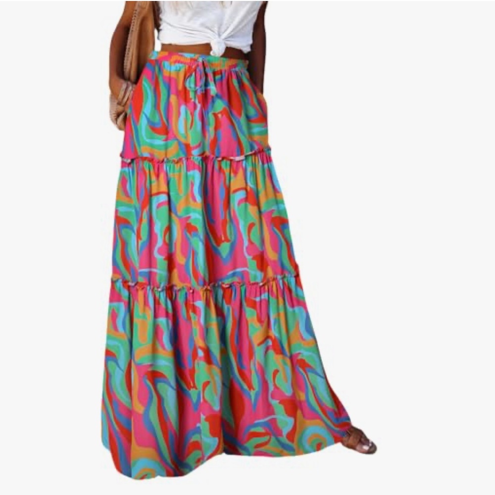 ADWAXDA Womens Boho Maxi Skirt, Floral Print Flowy High Waist